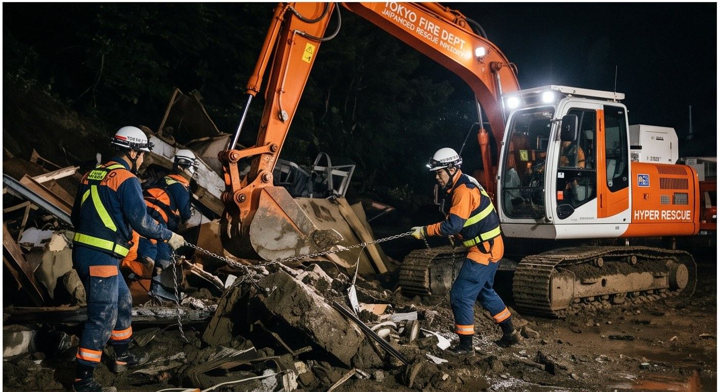 夜間の土砂災害現場でがれきを撤去するオレンジ色の重機セーバー