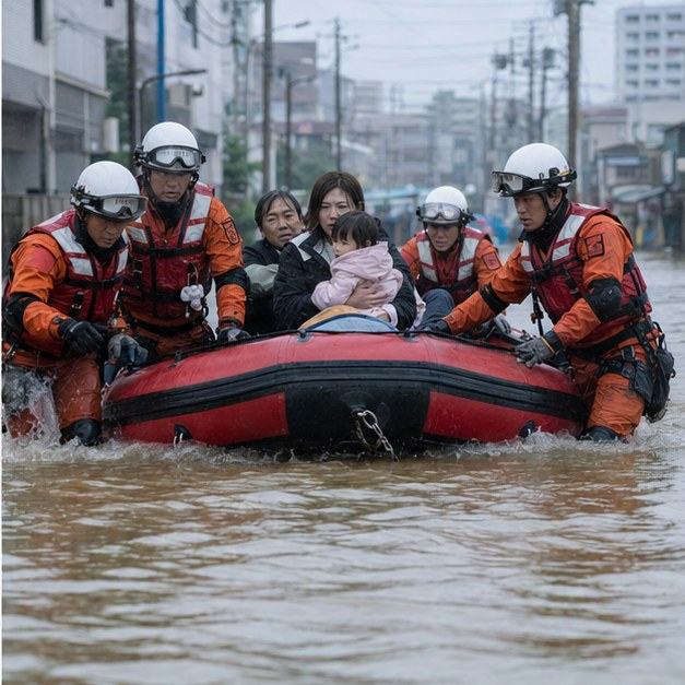 洪水で水没した街で救助ボートに乗って家族を助けるハイパーレスキュー隊員
