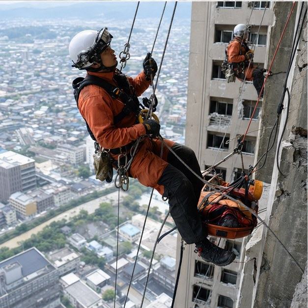 高層ビルの壁をロープで降下するハイパーレスキュー隊員たちを上空から見た写真