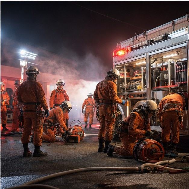 夜の火事の現場で活動するオレンジ色の制服を着たハイパーレスキュー隊員たちと消防車